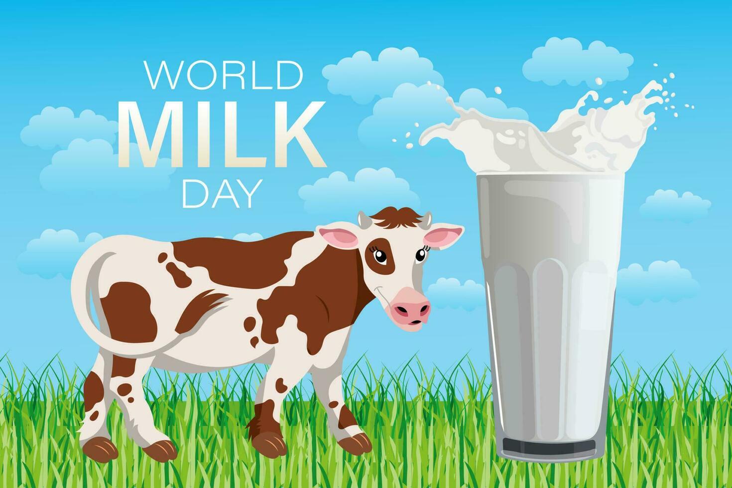 wereld melk dag, spandoek. gevlekte koe in de weide, glas met melk plons en tekst. poster, illustratie, vector