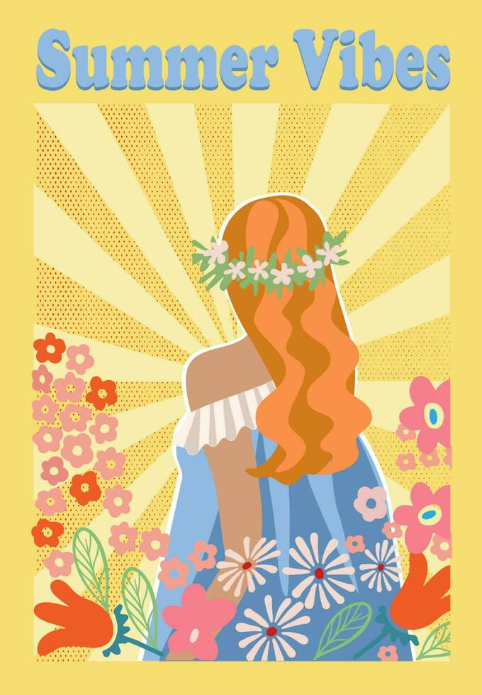 zomer gevoel concept , positief denken, zelf zorg, gezond langzaam levensstijl. meisje jaren 70 omringd door bloemen. retro ontwerp voor banier, ansichtkaart vector