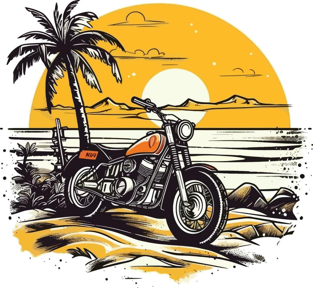 motorfiets in voorkant van een strand hand- getrokken illustratie, motorfiets hand- getrokken illustratie ontwerp, t-shirt ontwerp illustratie vector