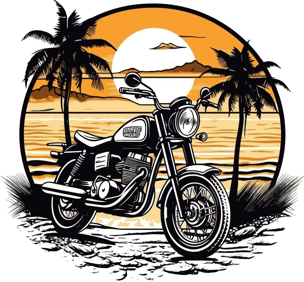 motorfiets in voorkant van een strand hand- getrokken illustratie, motorfiets hand- getrokken illustratie ontwerp, t-shirt ontwerp illustratie vector