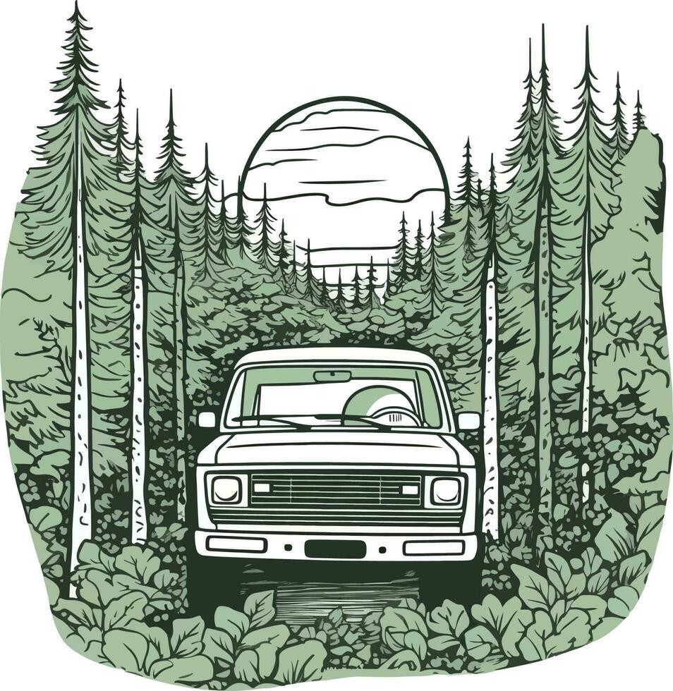 auto in voorkant van een Woud hand- getrokken illustratie, auto in voorkant van een Woud hand- getrokken illustratie vector