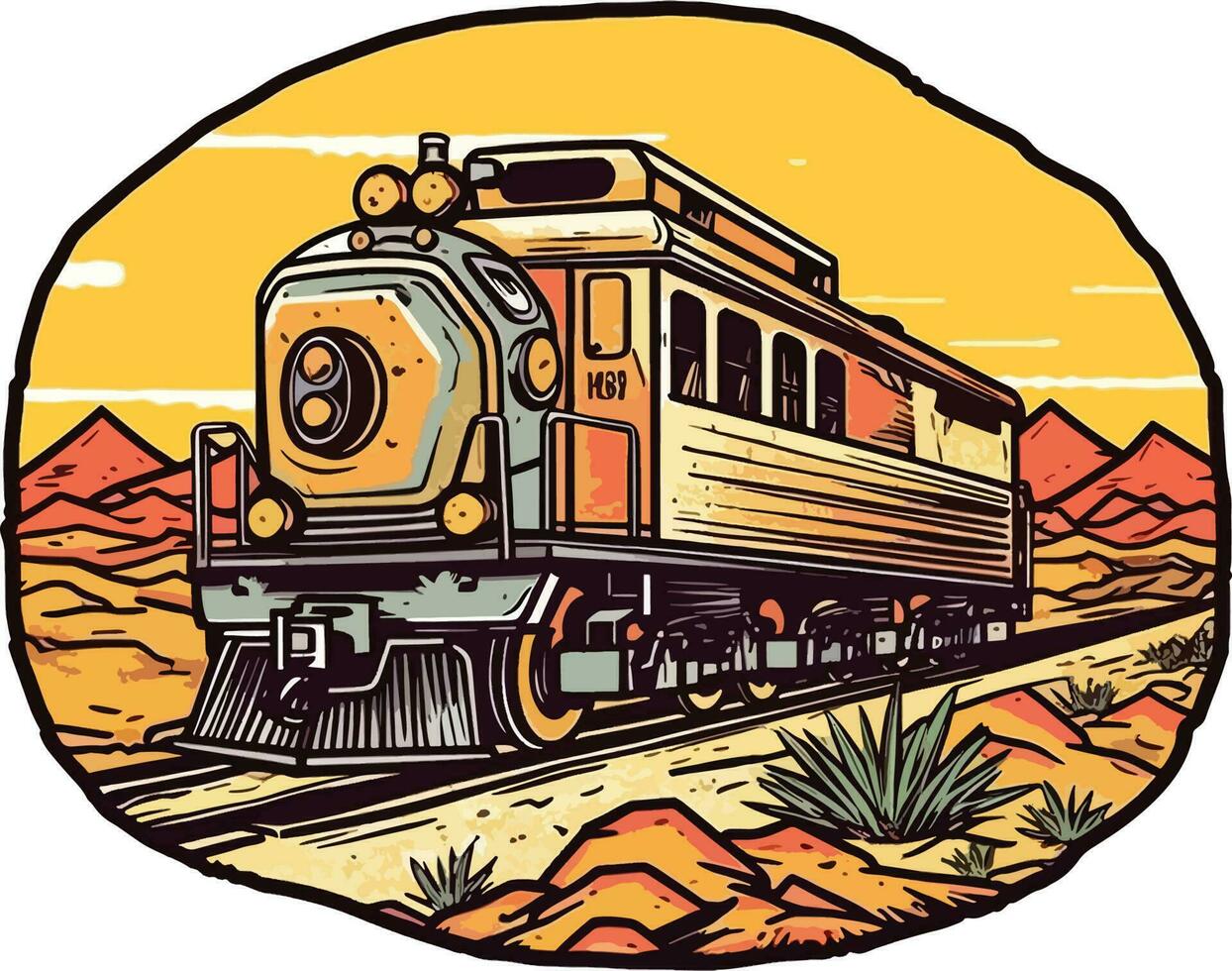 trein in voorkant van een woestijn hand- getrokken illustratie, trein hand- getrokken illustratie ontwerp, t-shirt ontwerp illustratie vector