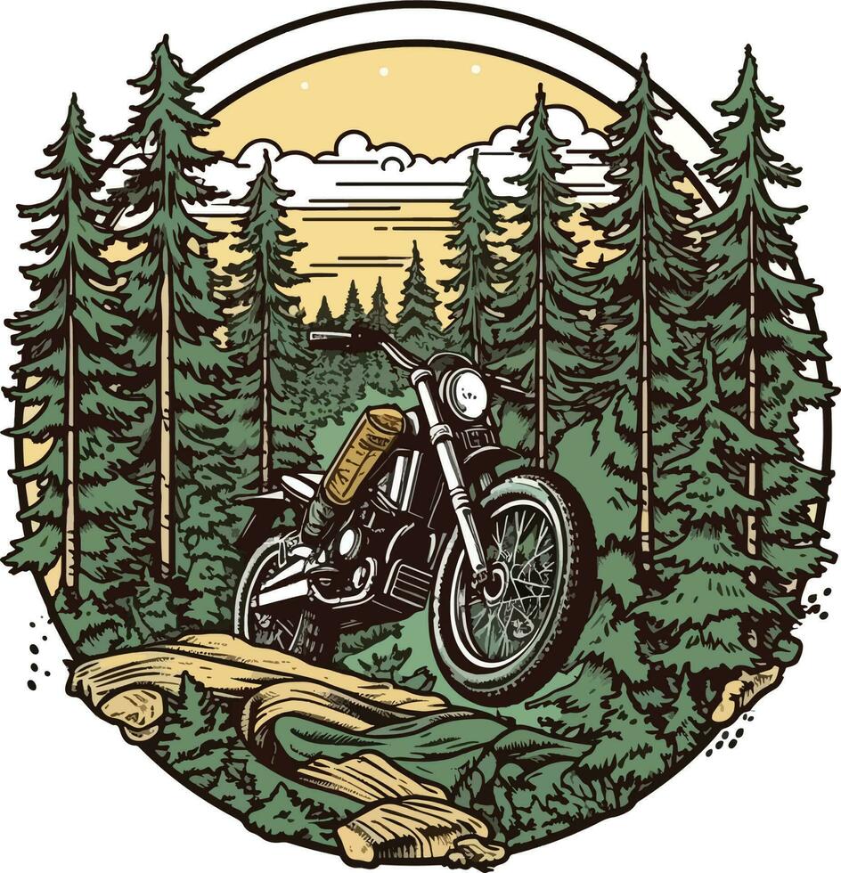 motorfiets in voorkant van een Woud hand- getrokken illustratie, motorfiets hand- getrokken illustratie ontwerp, t-shirt ontwerp illustratie vector