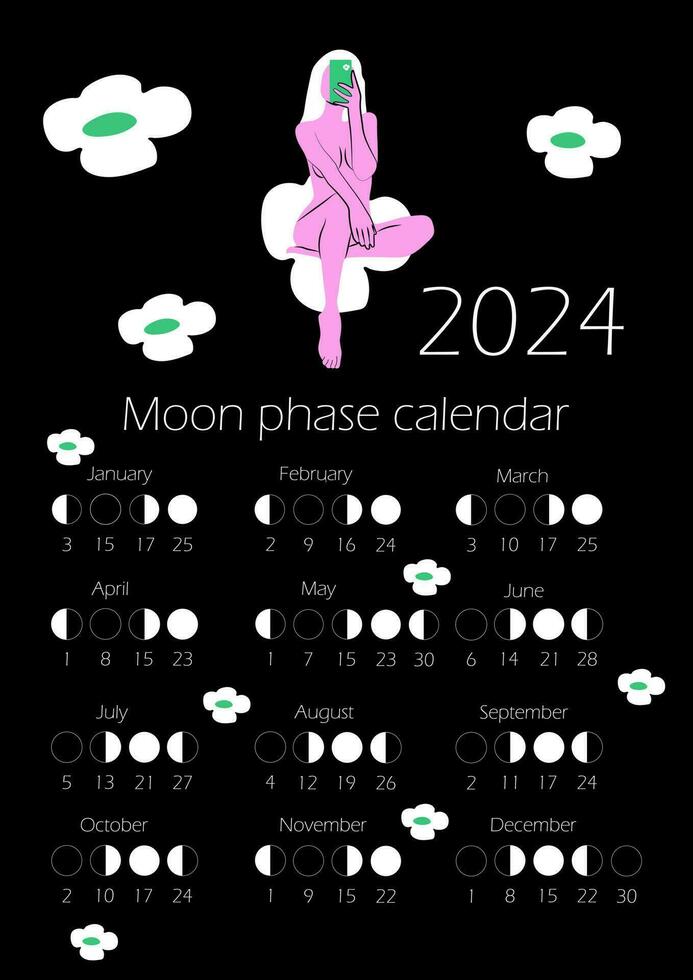 maan fasen kalender 2024 met naakt vrouw lichaam in helder kleur. abstract vrouw silhouet. afnemen gibbous, harsen halve maan, nieuw maan, vol maan met datums. vector