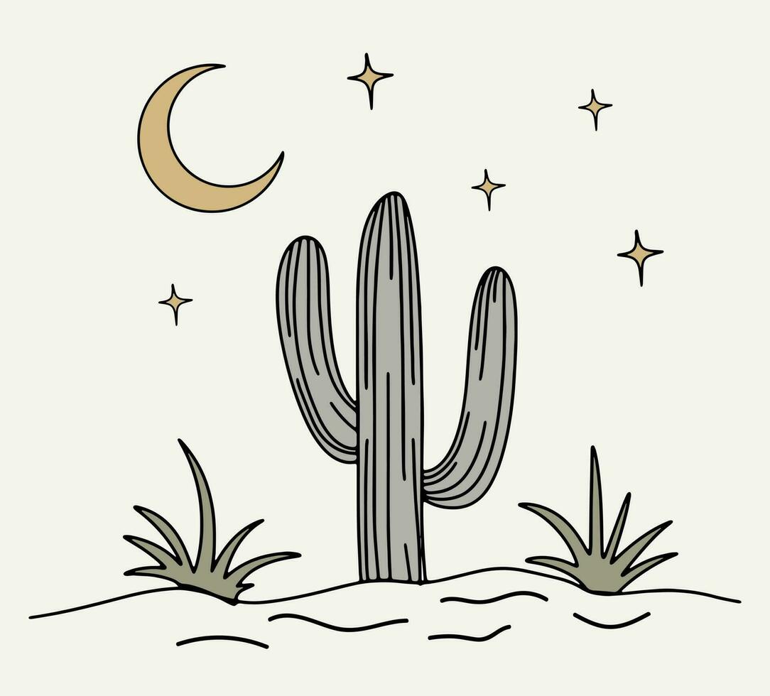 nacht in de wild westen. cactus, maan en sterren. minimalisme tekenfilm stijl vector