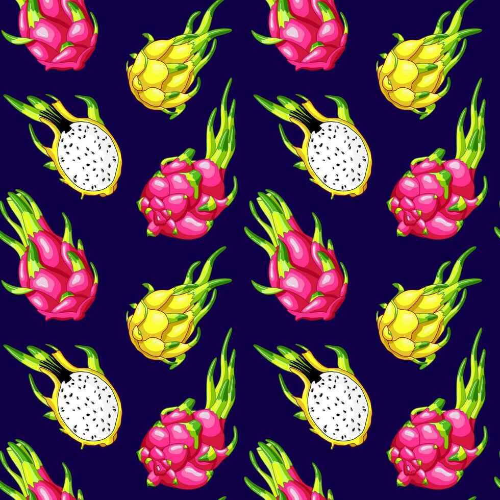 twee kleuren exotisch cactus naadloos patroon. heerlijk geel plakjes van pitaya met zaden. roze draak fruit behang. zoet biologisch pitahaya Aan donker blauw achtergrond vector