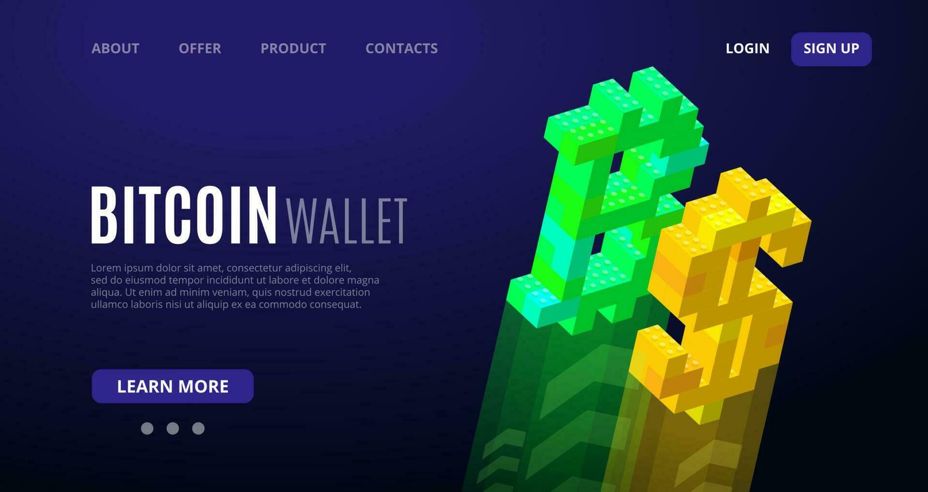 sjabloon voor een website van bitcoin en dollar tekens gemonteerd van plastic blokken voor het drukken en ontwerp. vector illustratie.