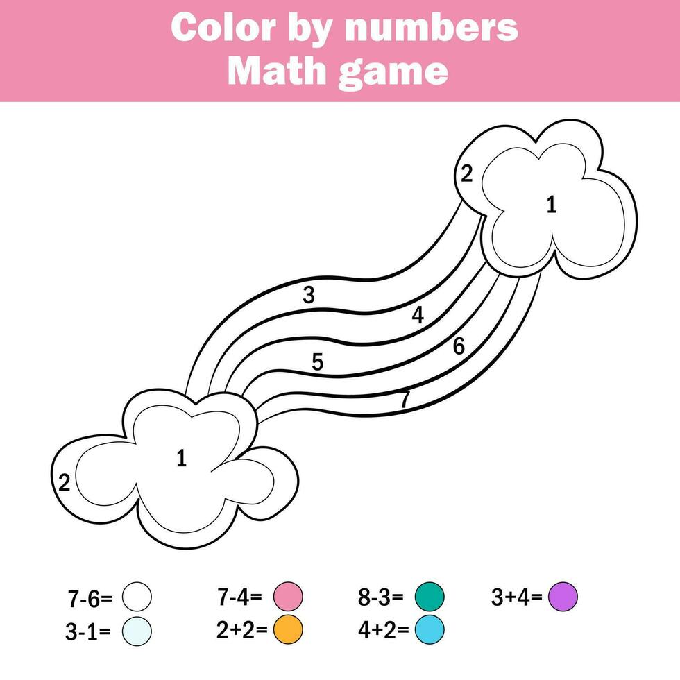 kinderen leerzaam spel. wiskunde activiteit. kleur door nummers, afdrukbare werkblad. kleur bladzijde met vallend ster. aan het leren toevoeging en aftrekken. tellen spel vector