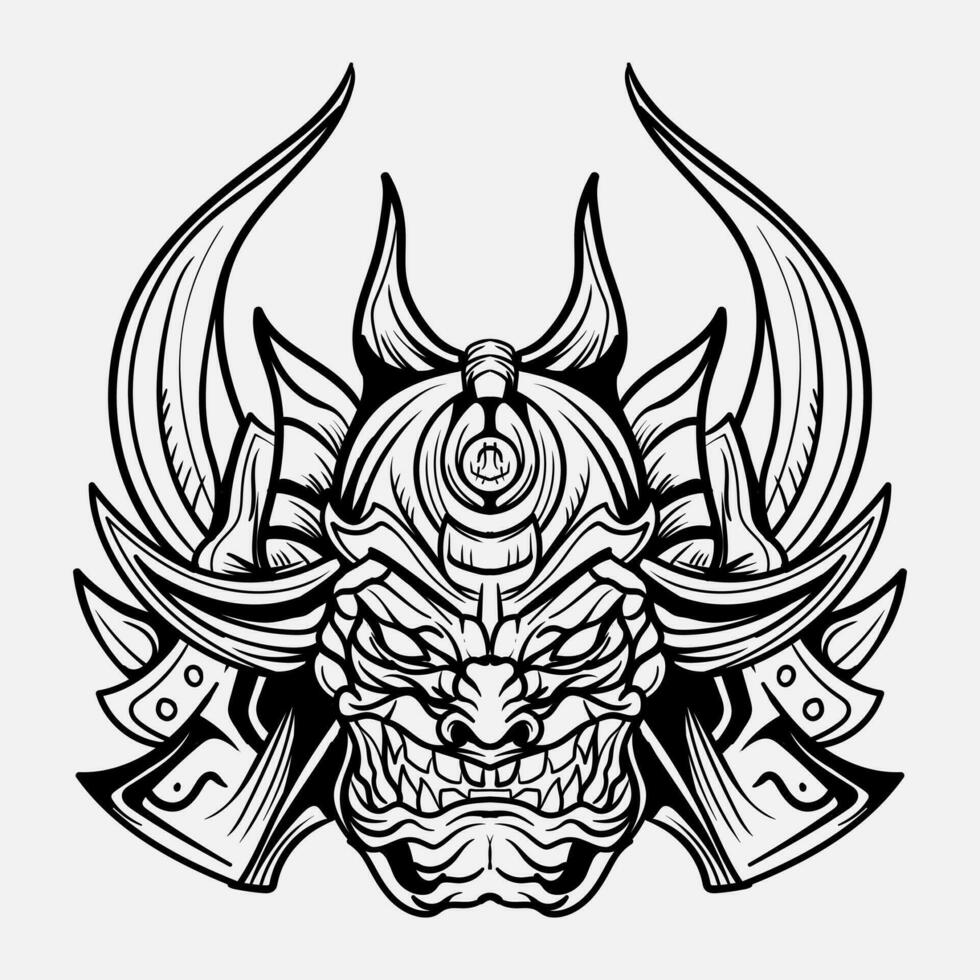 oni monster masker japanse helm leger samurai in kader gravure ornament illustratie zwart en wit tatoeëren en t-shirt kleding vector