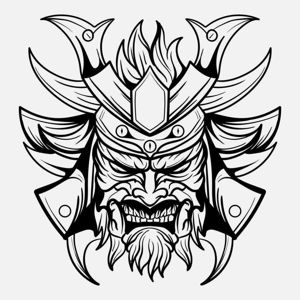 oni monster masker japanse helm leger samurai in kader gravure ornament illustratie zwart en wit tatoeëren en t-shirt kleding vector