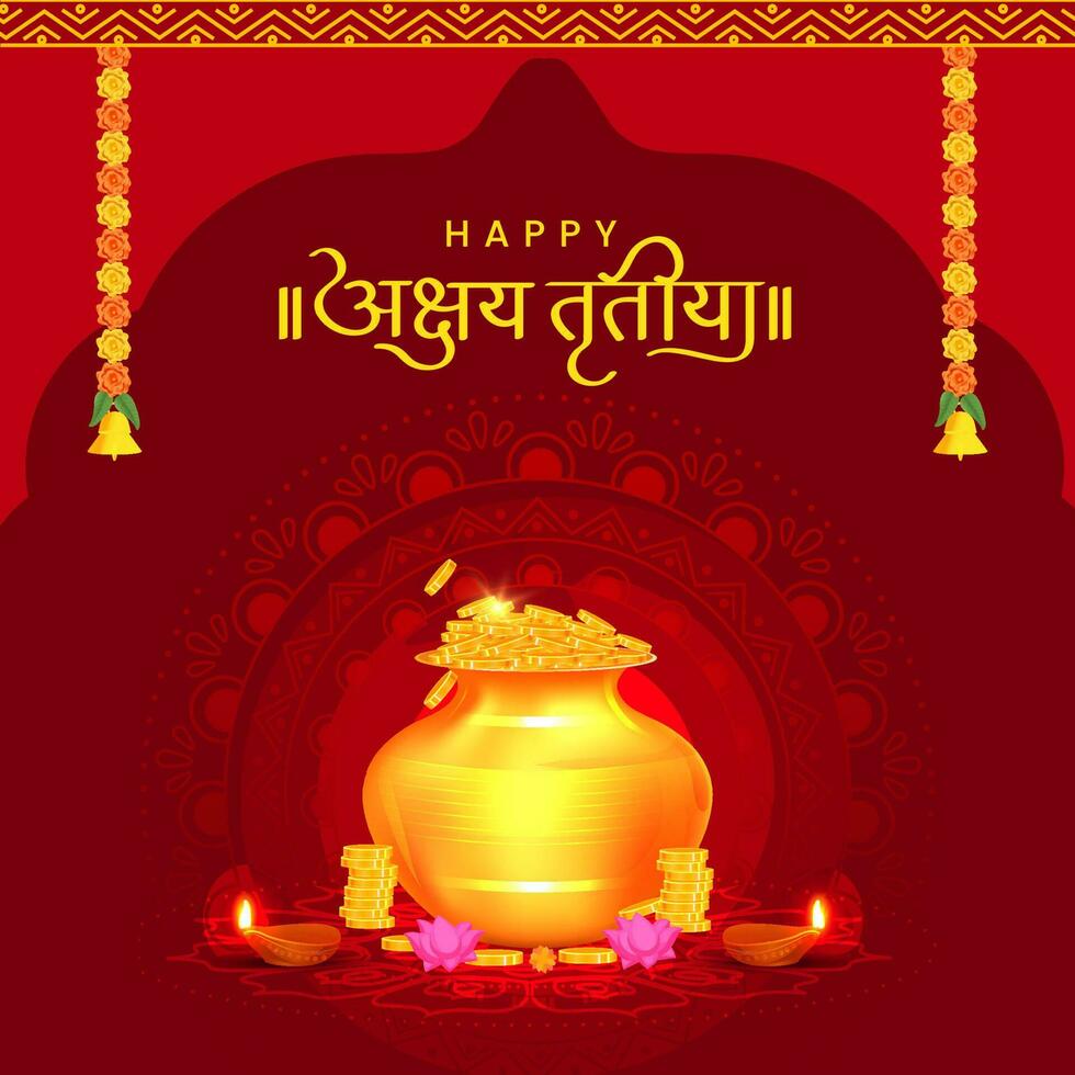 Hindoe festival akshaya tritiya concept met Hindi geschreven tekst akshaya tritiya wensen met gouden kalash met vol van goud munten en ornamenten voor gebed. vector