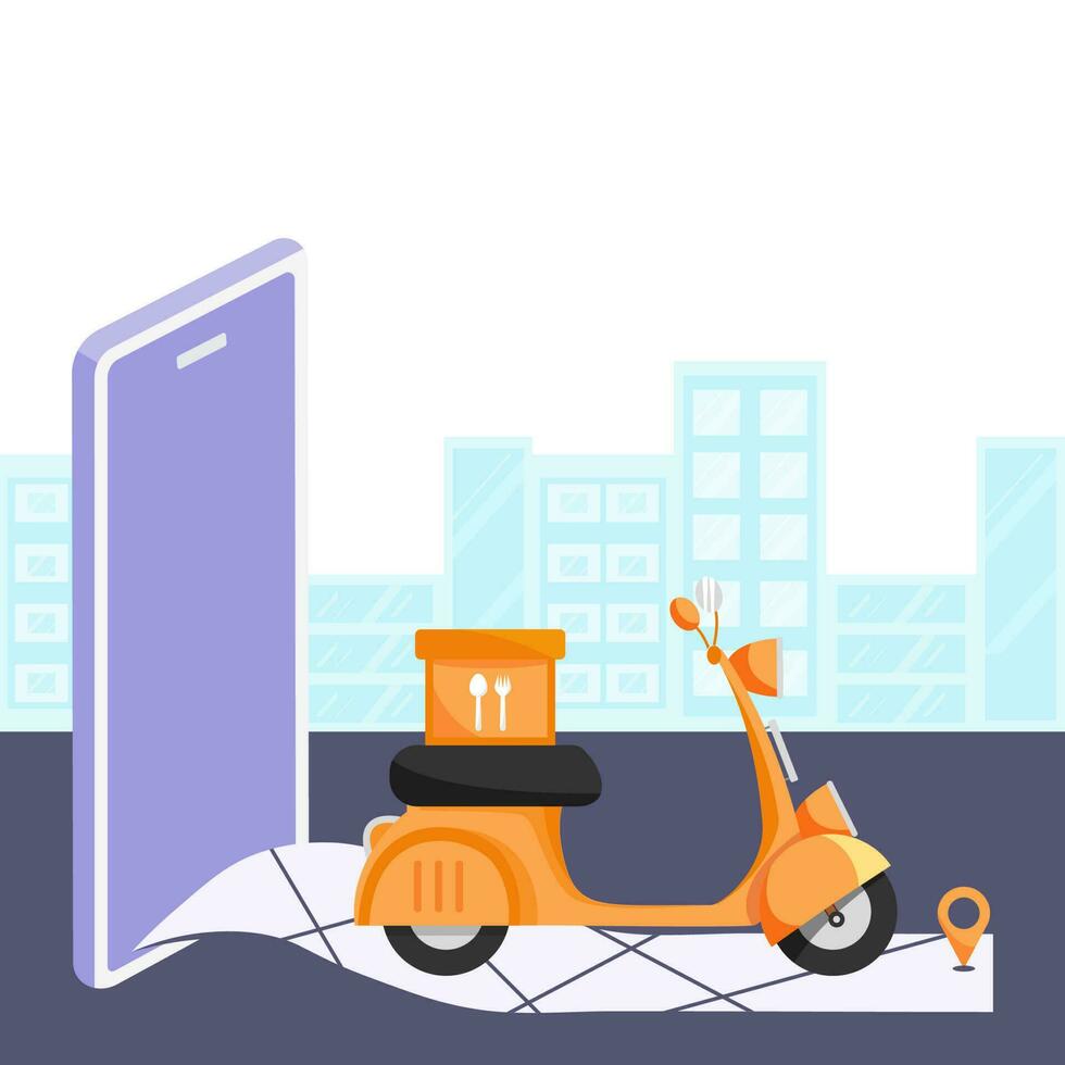 voedsel levering scooter bijhouden plaats door smartphone met gebouwen Aan wit en blauw achtergrond. vector