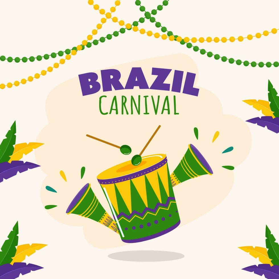 Brazilië carnaval viering concept met muziek- instrument net zo trommel, vuvuzela, veren en dots slinger versierd achtergrond. vector