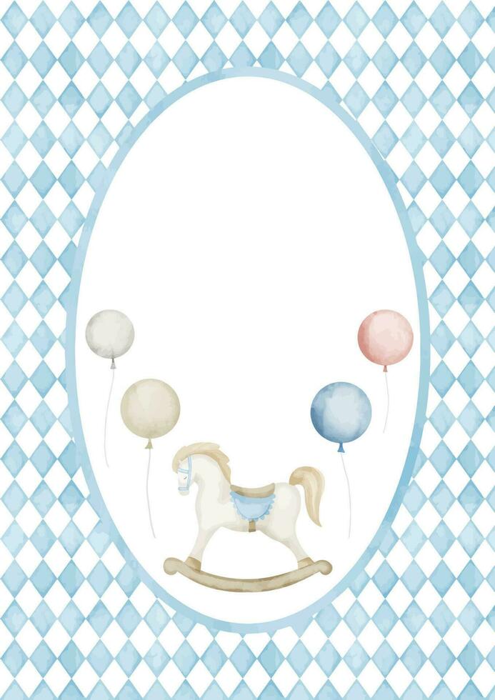 sjabloon voor baby douche groet kaart met schommelen paard en ballonnen in pastel blauw en beige kleuren. hand- getrokken verticaal waterverf illustratie voor kinderachtig partij uitnodigingen Aan wit achtergrond vector