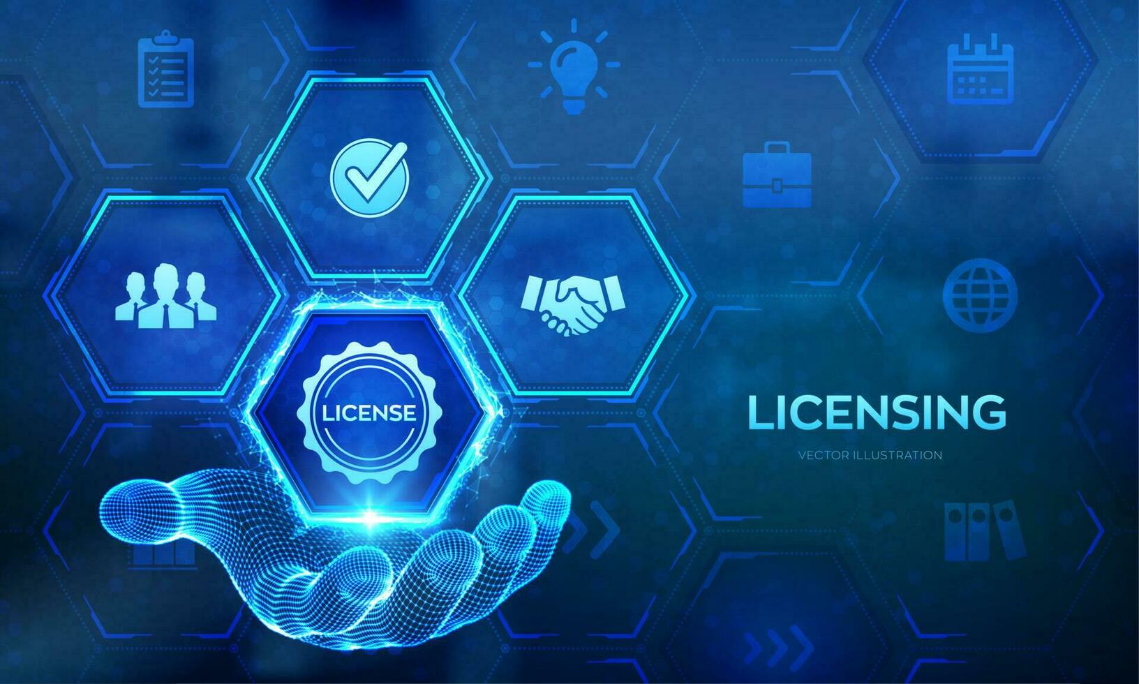 licenties. licentie overeenkomst concept in wireframe hand. auteursrechten bescherming wet licentie eigendom rechten. bedrijf technologie concept Aan virtueel scherm. vector illustratie.