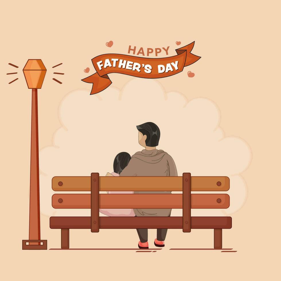 gelukkig vader dag concept met terug visie van Mens en zijn kind zittend Bij bank Aan perzik achtergrond. vector