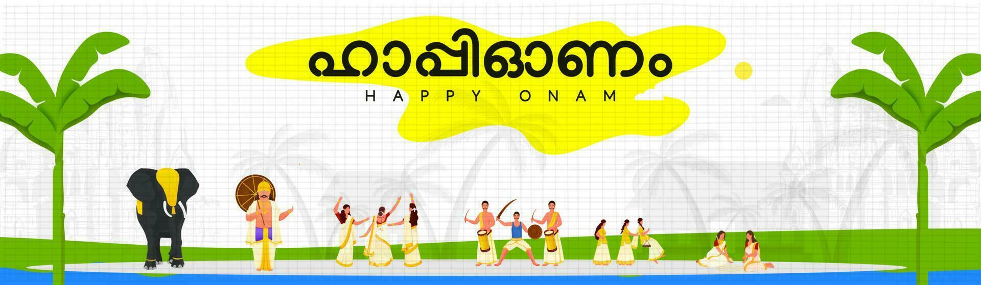 gelukkig onam geschreven door malayalam taal met zuiden Indisch mensen vieren festival, koning mahabali en olifant Aan wit achtergrond. vector