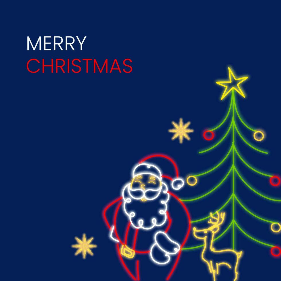 vrolijk Kerstmis viering concept met neon lichten stijl de kerstman claus, sterren, rendier en Kerstmis boom Aan blauw achtergrond. vector