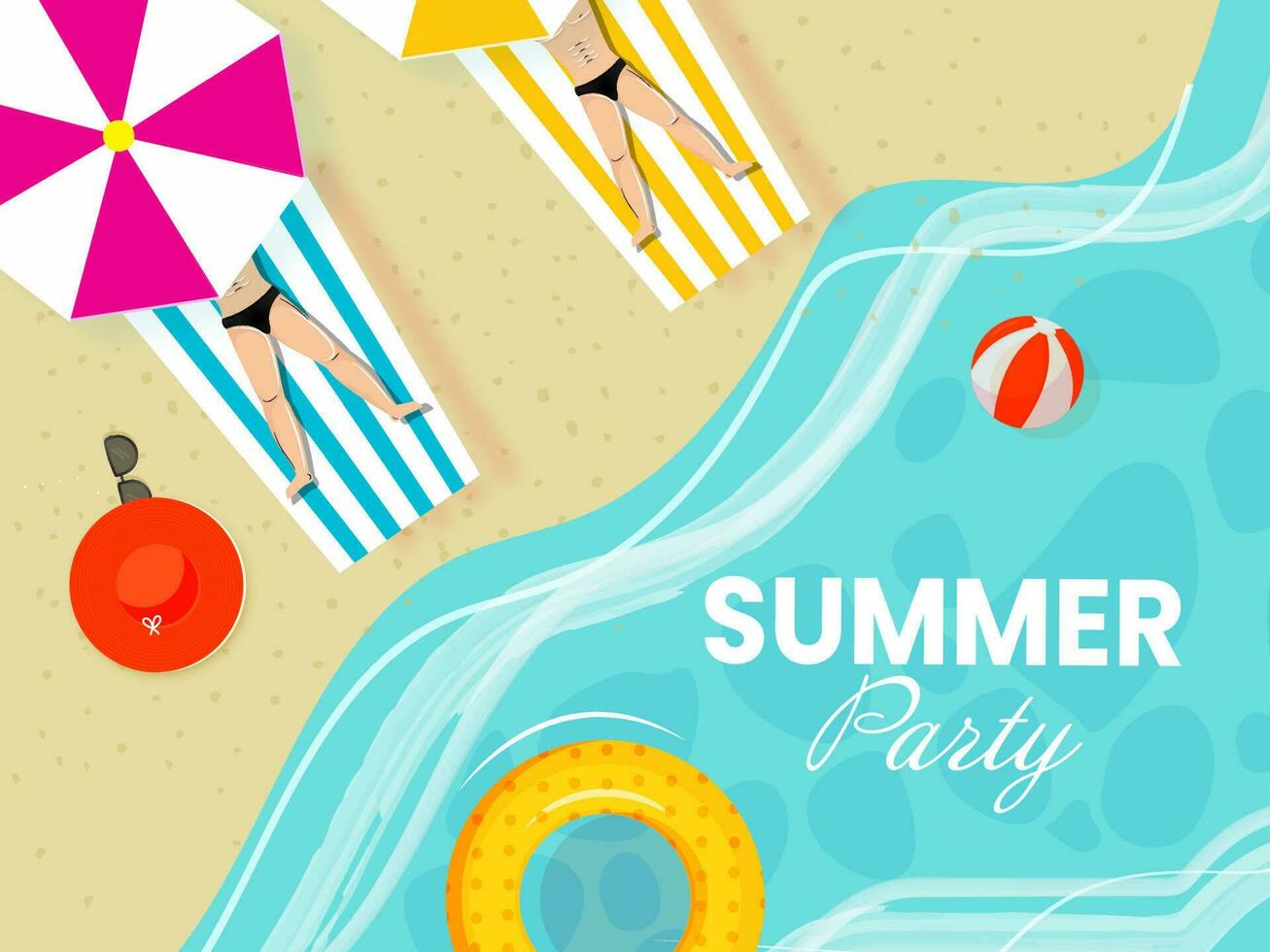 zomer partij poster ontwerp met top visie van menselijk aan het liegen Bij zonnebank, paraplu en zwemmen ring Aan strand visie achtergrond. vector