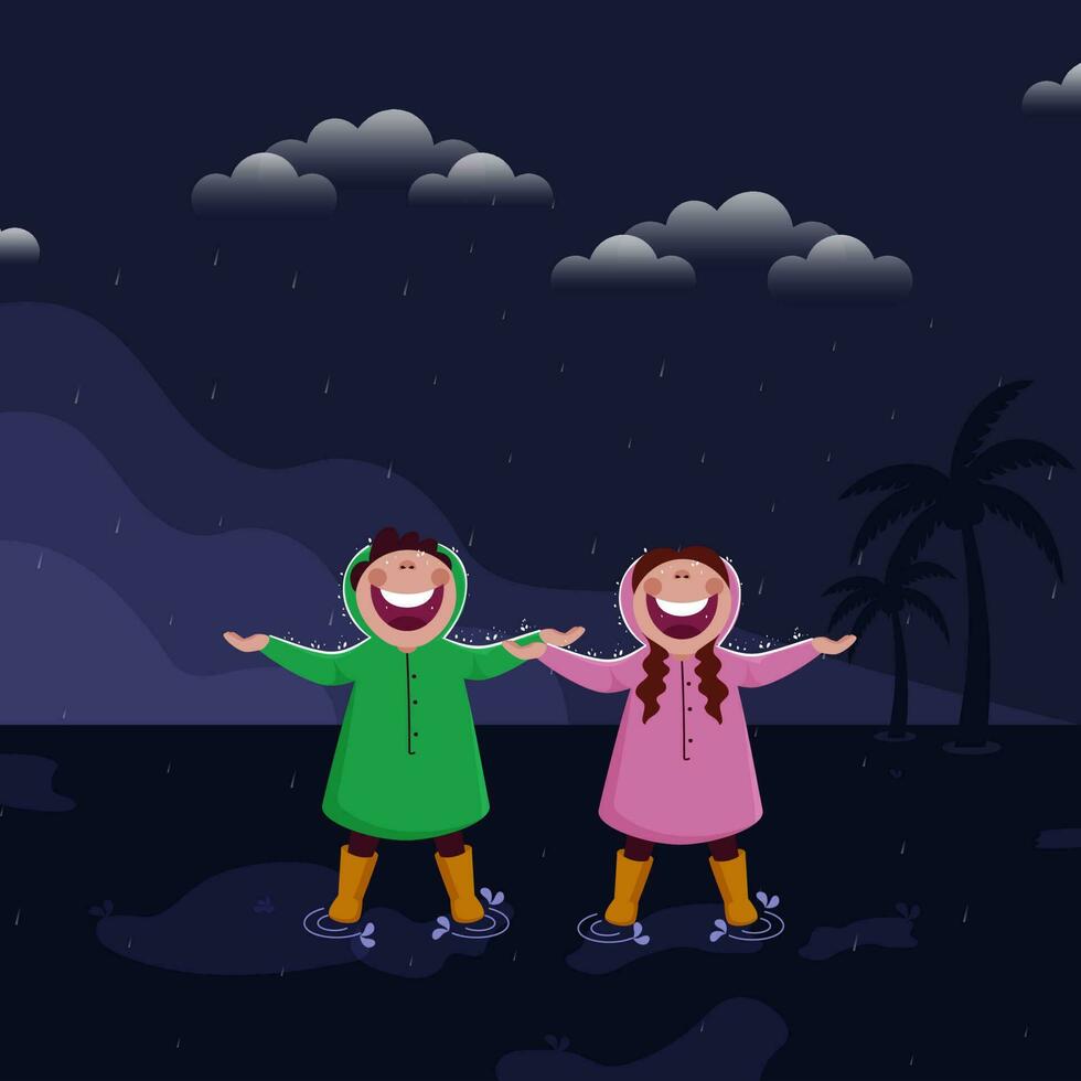 vrolijk jong meisje en jongen genieten van regen seizoen Aan blauw achtergrond. vector