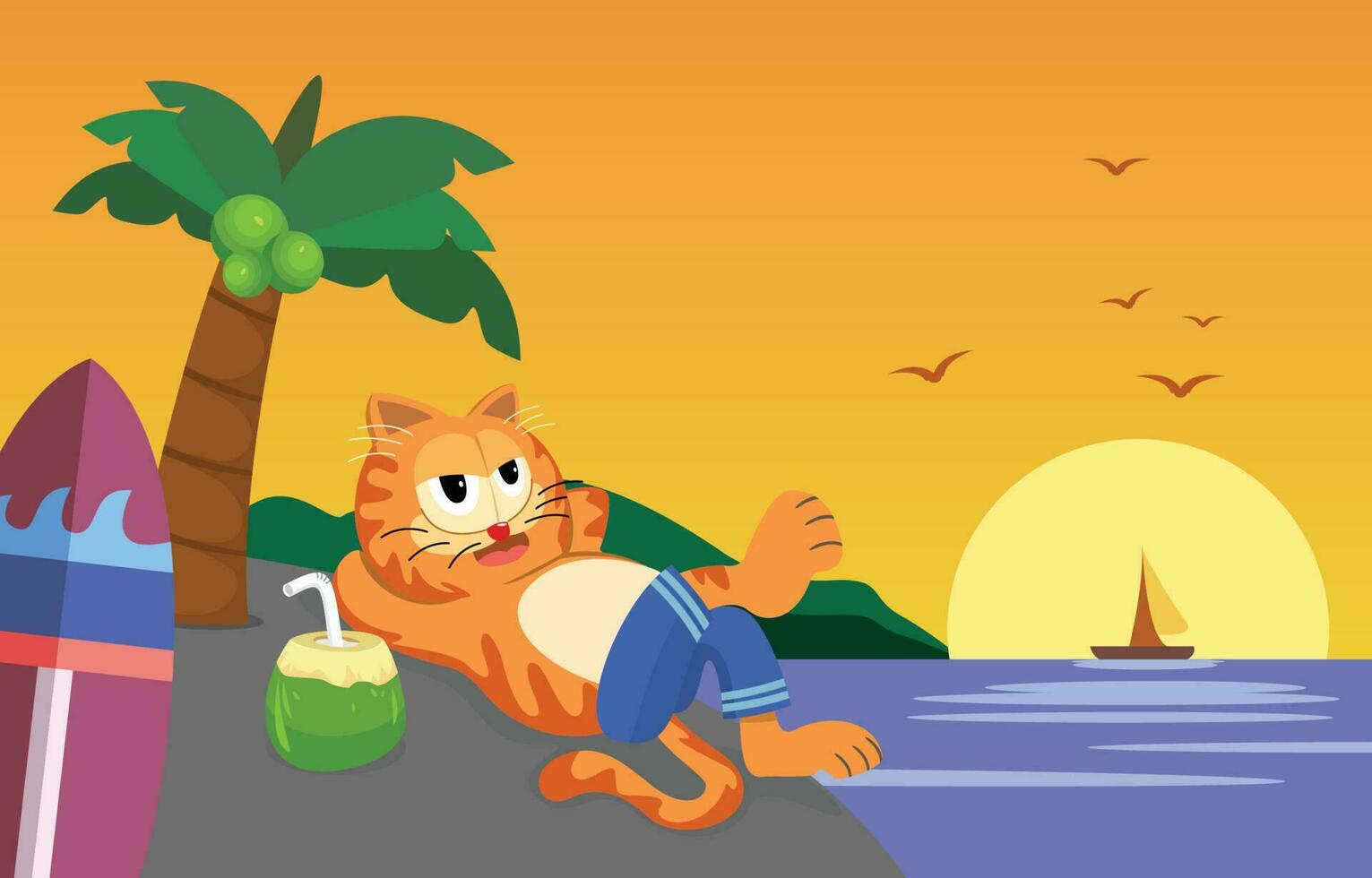schattig oranje kat ontspannende Aan de strand vector