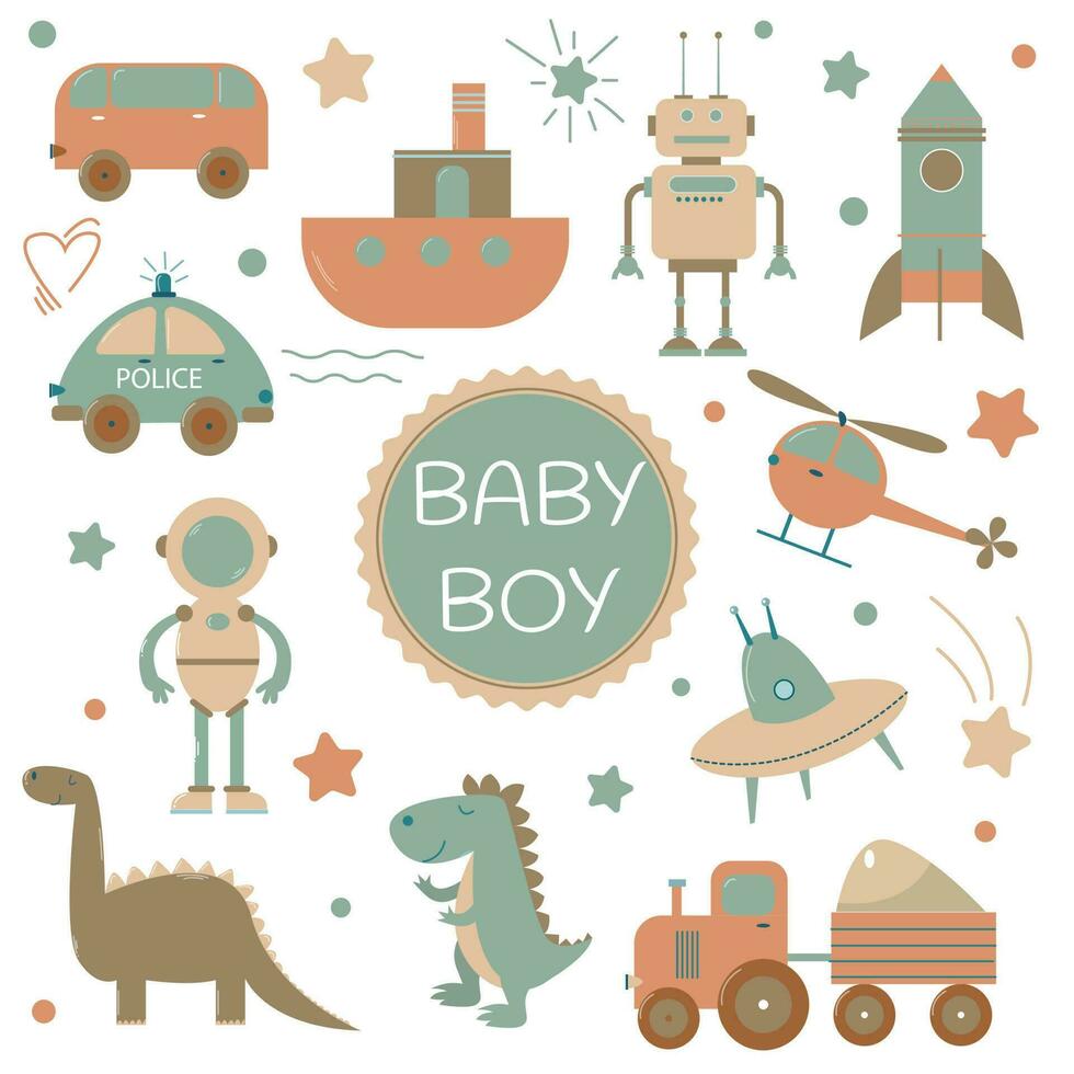 vector reeks met schattig speelgoed voor baby jongen net zo vervoer, auto's, dinosaurussen