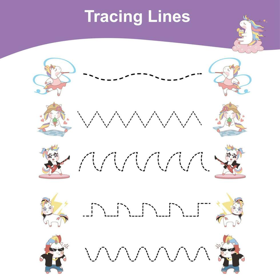 traceren lijnen eenhoorn editie. leerzaam werkblad. werkblad werkzaamheid voor peuter- kinderen. vector illustratie.