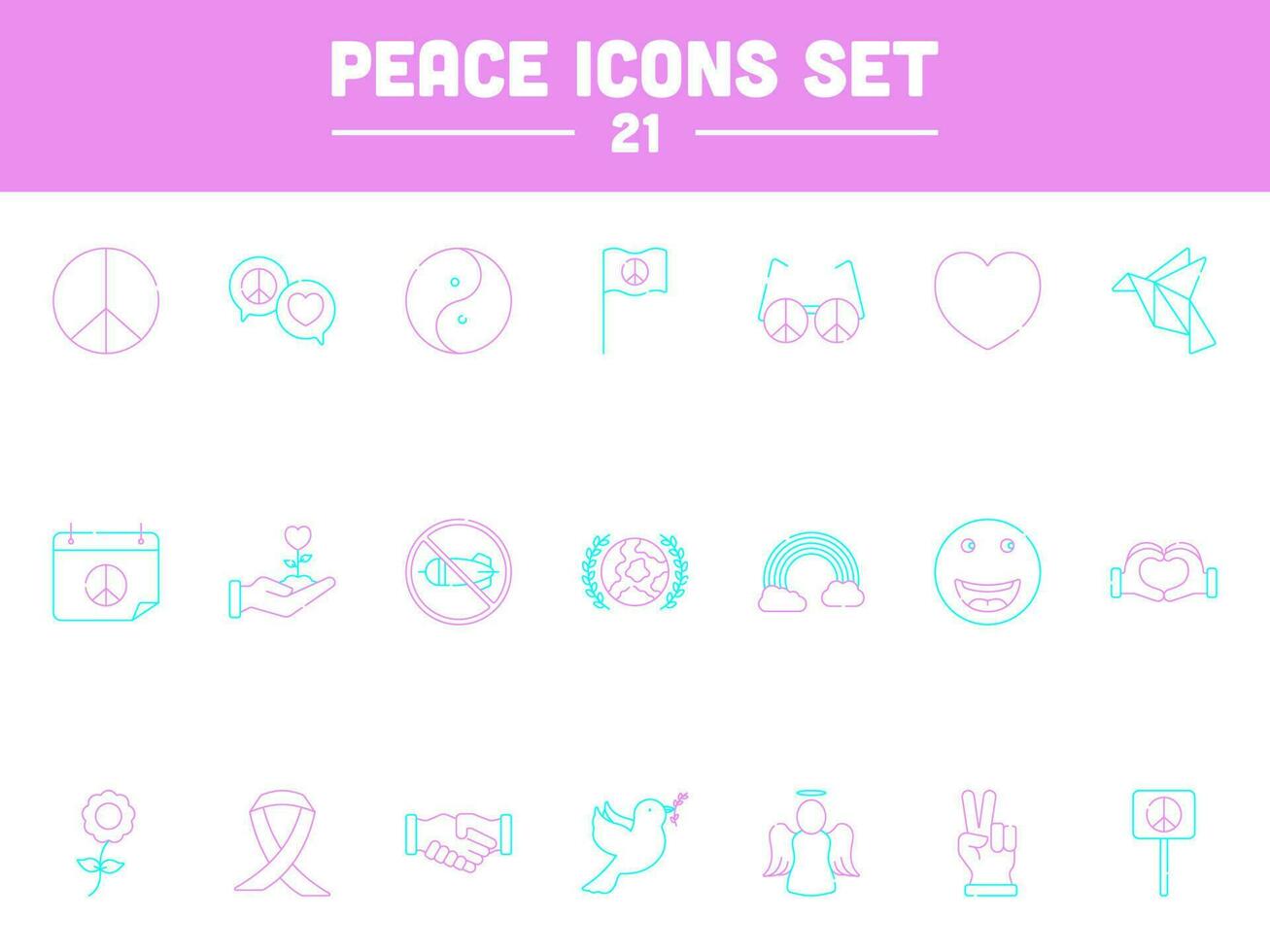 turkoois en roze vrede 21 lijn kunst icoon set. vector