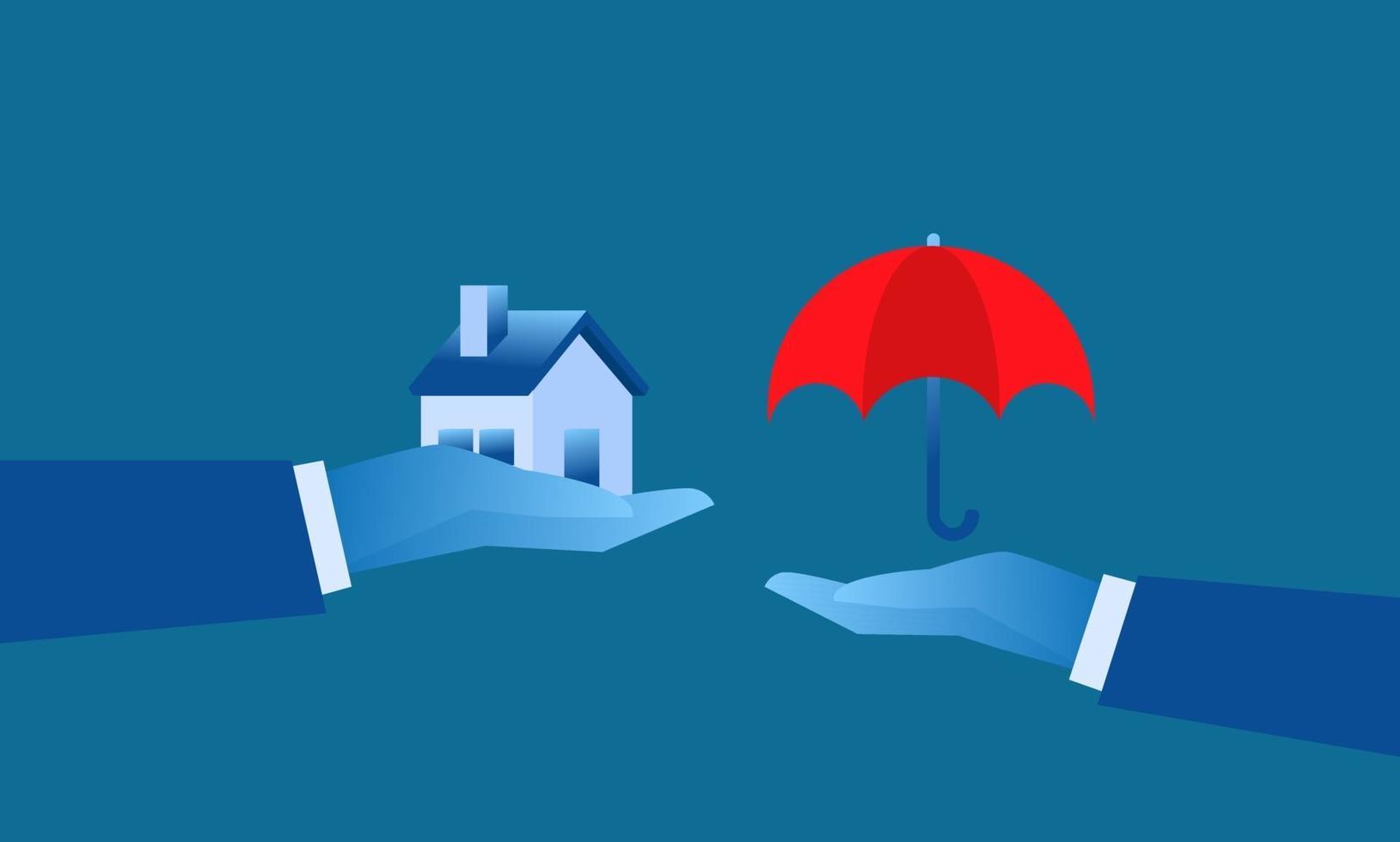 eenvoudige verzekering illustratie huis bescherming grote hand met rode paraplu voor de bescherming van klein huis vector