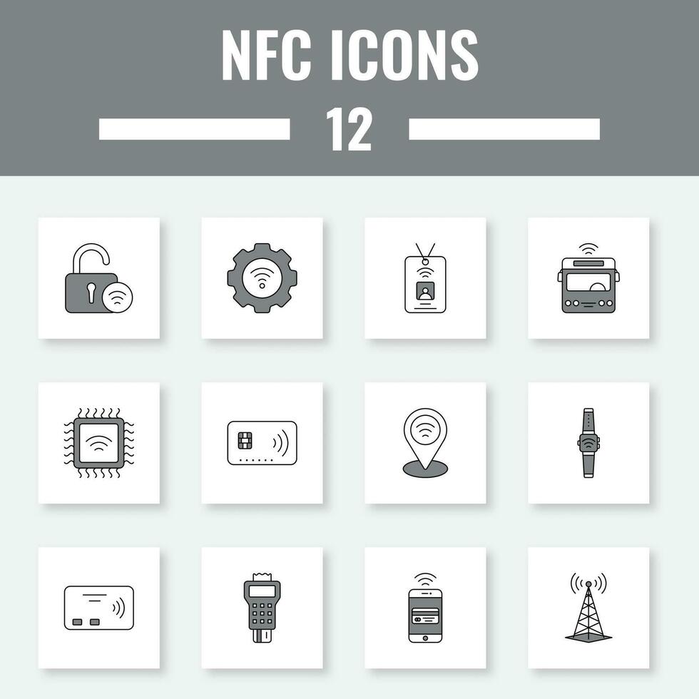 grijs en wit 12 nfc nucleair brandstof complex plein icoon set. vector
