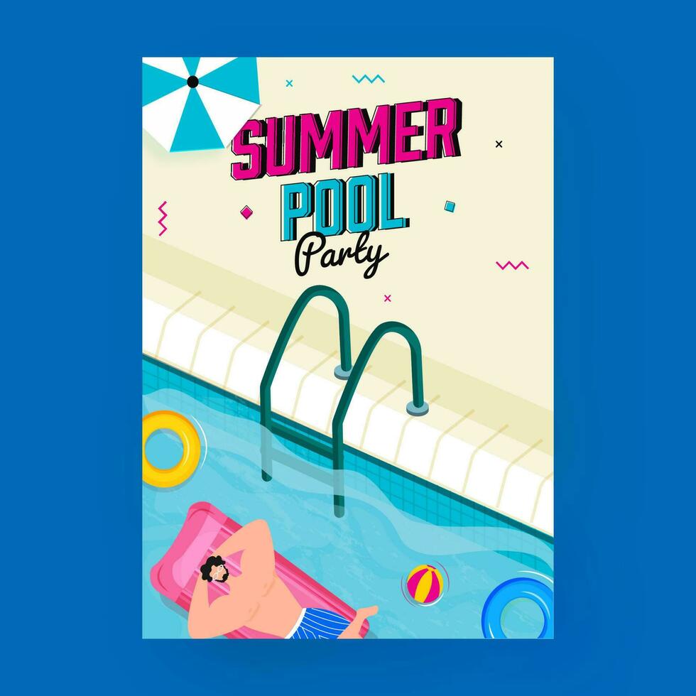 zomer zwembad partij folder ontwerp met top visie van zwemmer mannetje aan het liegen Bij opblaasbaar bed Bij zwemmen zwembad. vector