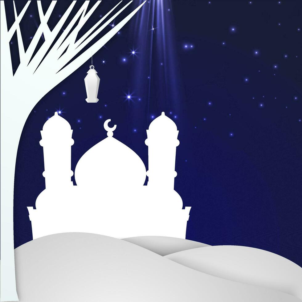papier besnoeiing stijl moskee met Arabisch lantaarn, boom, golven Aan blauw licht effect achtergrond en kopiëren ruimte. vector