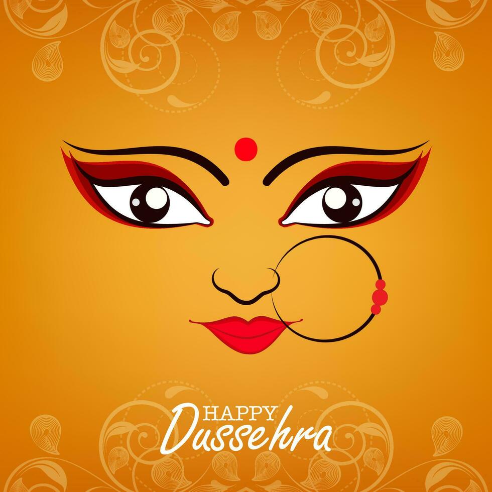 gelukkig dussehra viering concept met Hindoe mythologie godin durga gezicht Aan oranje kolken paisley achtergrond. vector