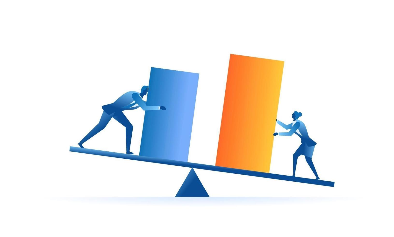 man met de blauwe balk als kosten en vrouw met de oranje balk als winstconcept illustratie over winst moet groter zijn dan kosten economische principes plat ontwerp vector