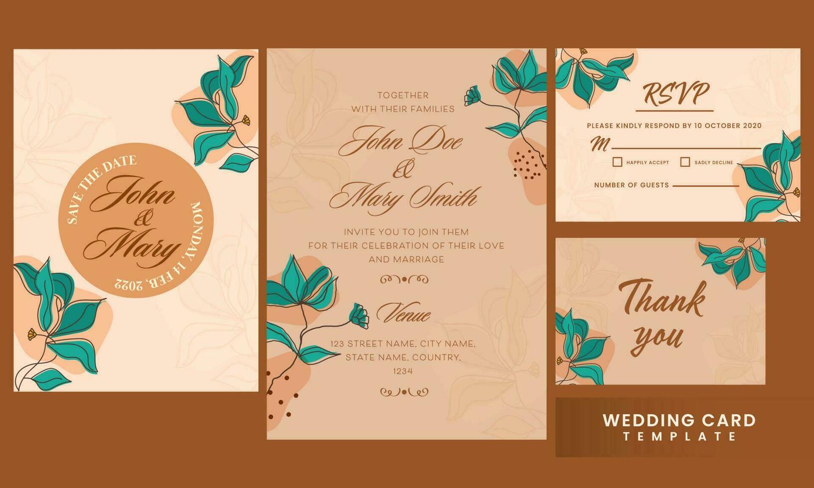 bloemen bruiloft kaart suite net zo opslaan de datum, RSVP, dank u sjabloon lay-out Aan bruin achtergrond. vector