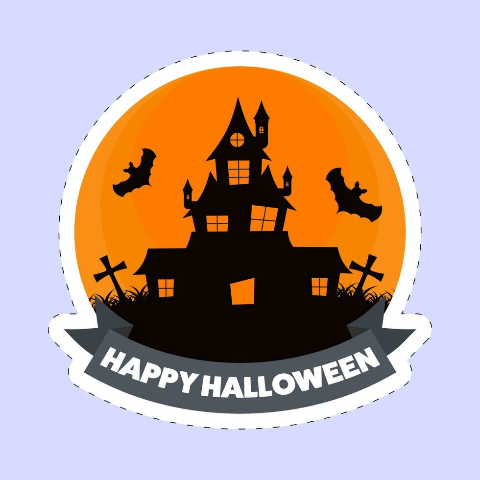 sticker stijl gelukkig halloween doopvont met achtervolgd huis, vliegend vleermuizen, begraafplaats visie Aan oranje en blauw achtergrond. vector