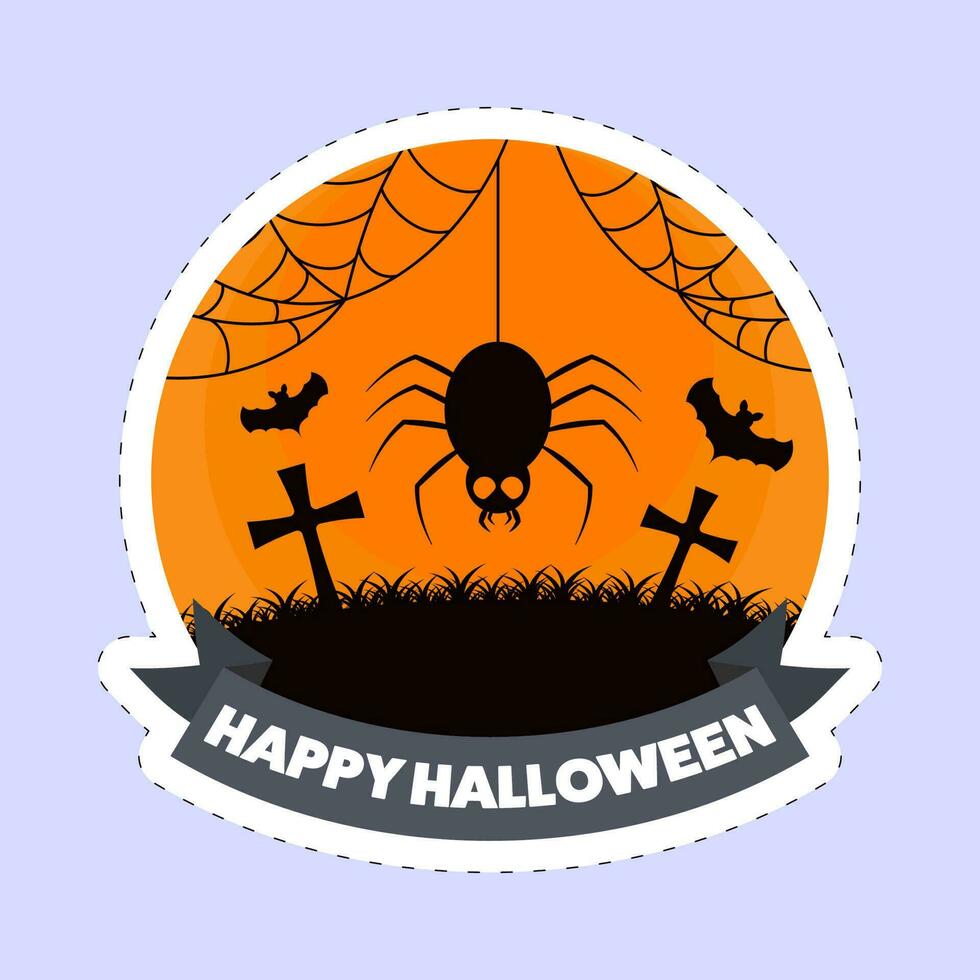 sticker stijl gelukkig halloween doopvont met begraafplaats visie, spin hangen, vliegend vleermuizen Aan oranje en blauw achtergrond. vector