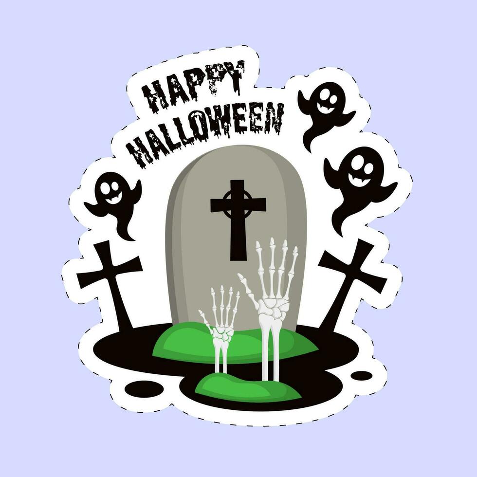 gelukkig halloween doopvont met festival elementen in sticker stijl Aan blauw achtergrond. vector
