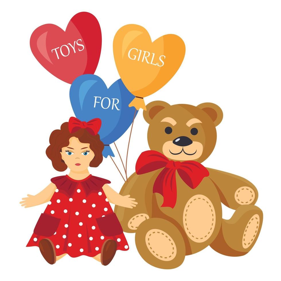 vector cartoon illustratie van een teddybeer en een pop. ballonnen. speelgoed voor meisjes.