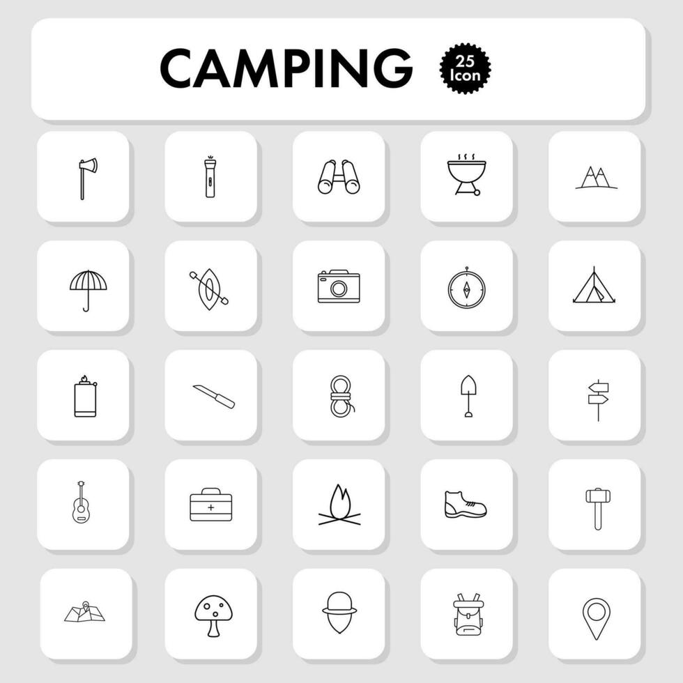 zwart dun lijn kunst camping icoon of symbool set. vector
