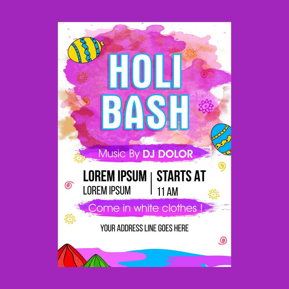 holi bash folder ontwerp met ballonnen en waterverf effect Aan wit achtergrond. vector