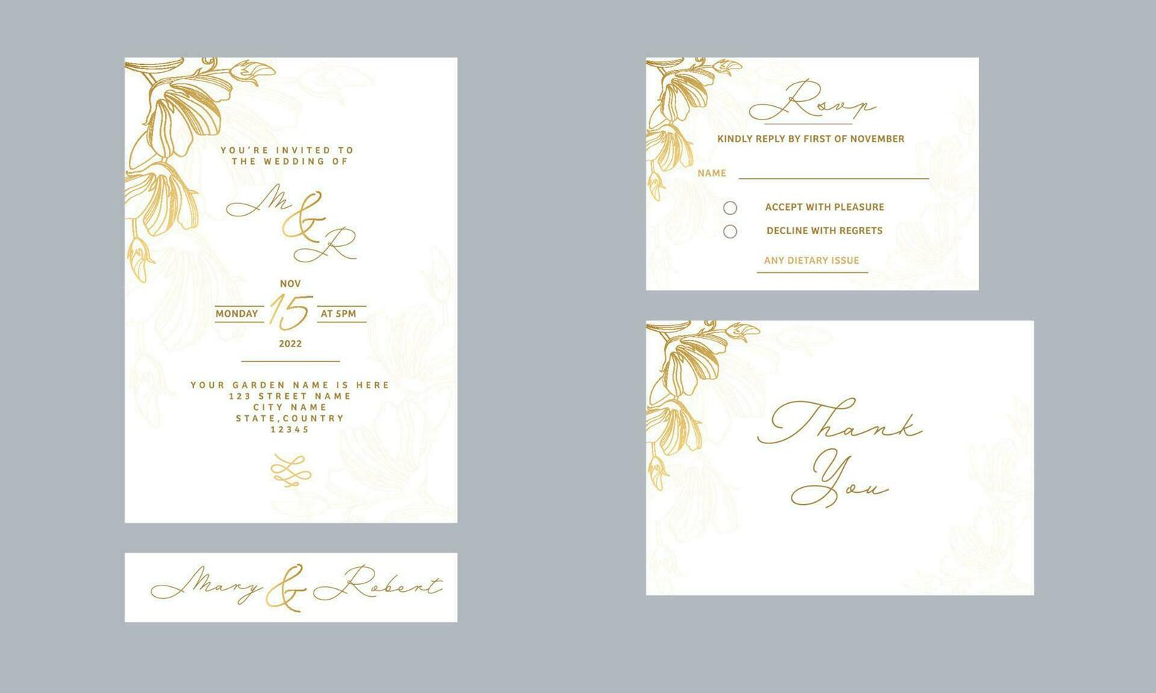 bruiloft kaart suite sjabloon lay-out versierd met gouden lineair bloemen in wit kleur. vector