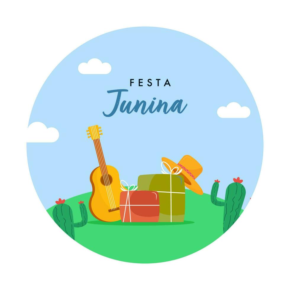 festa Junina viering concept met vlak stijl geschenk dozen, hoed, gitaar, cactus planten Aan blauw en wit achtergrond. vector