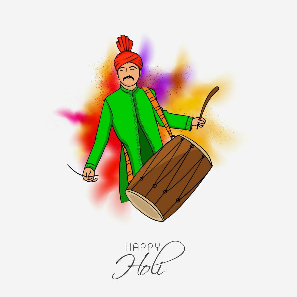 illustratie van jong Indisch Mens spelen trommel instrument en wazig kleur explosie effect Aan grijs achtergrond voor holi viering. vector