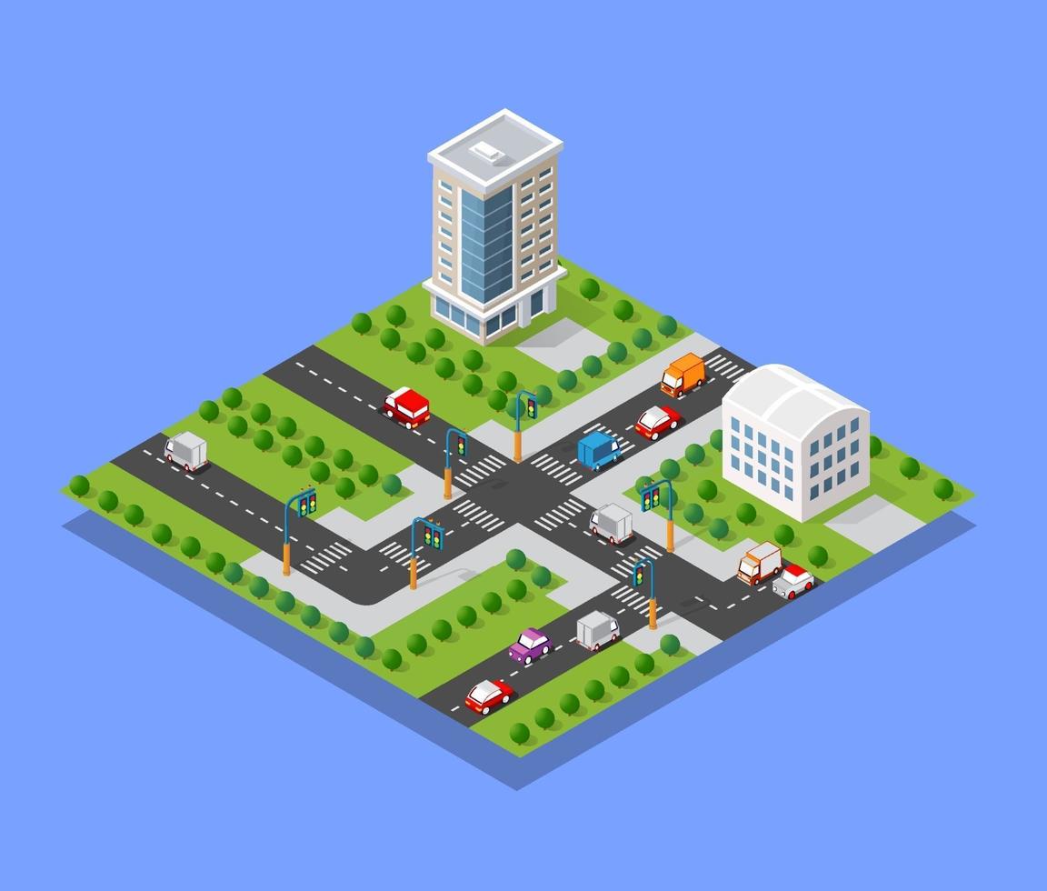 isometrische 3D-module blok district deel van de stad met een straatweg van de stedelijke infrastructuur van vectorarchitectuur. moderne witte illustratie voor game-design vector
