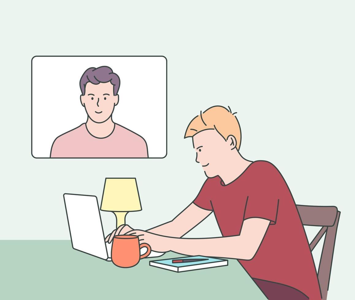 blijf en werk vanuit huis. videoconferentie illustratie. werkplek, laptopscherm, groep mensen die via internet praten. hand getrokken stijl vector ontwerp illustraties.