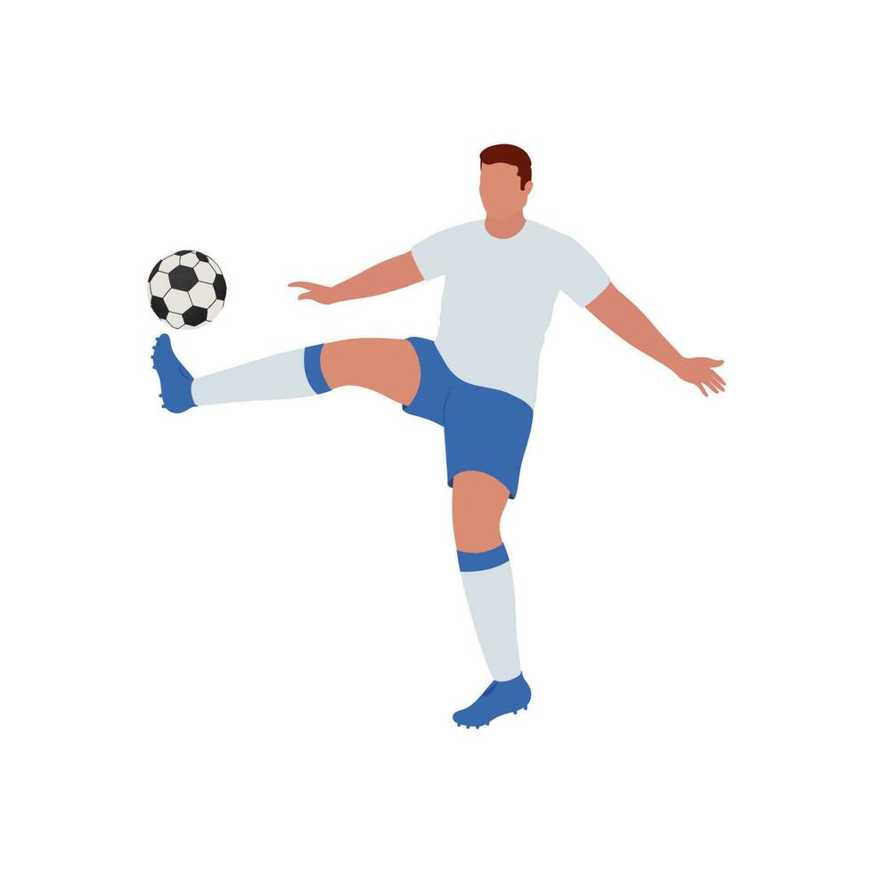 tekenfilm voetbal speler schoppen bal Aan wit achtergrond. vector