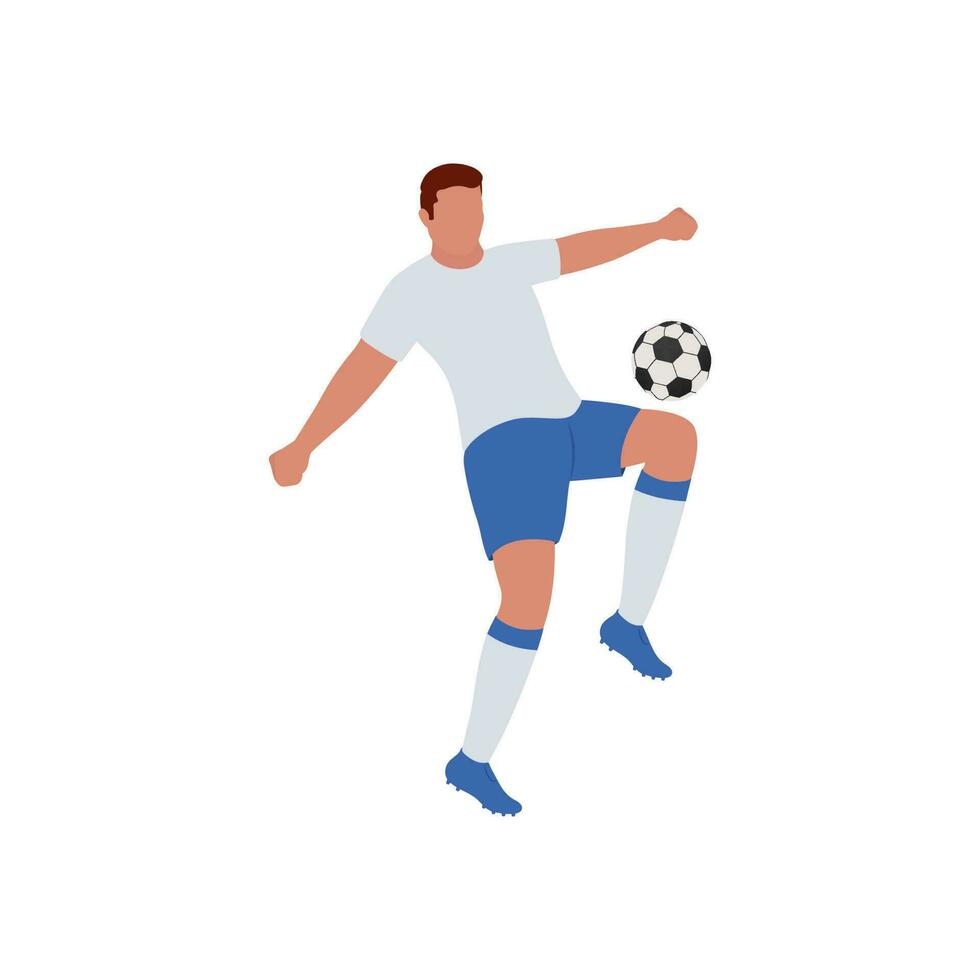 gezichtsloos voetbal speler schoppen bal van knie Aan wit achtergrond. vector