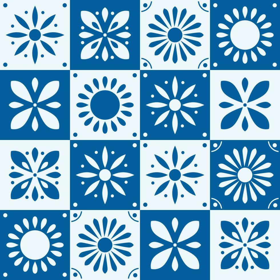 naadloos patroon met traditioneel overladen decoratief tegels. Portugees keramisch plein tegels in blauw. kleurrijk vector illustratie.
