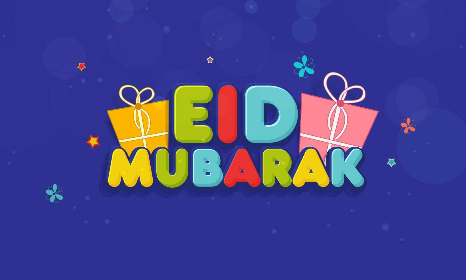 sticker stijl kleurrijk eid mubarak doopvont met geschenk dozen, sterren, bloemen versierd Aan blauw bokeh achtergrond. vector